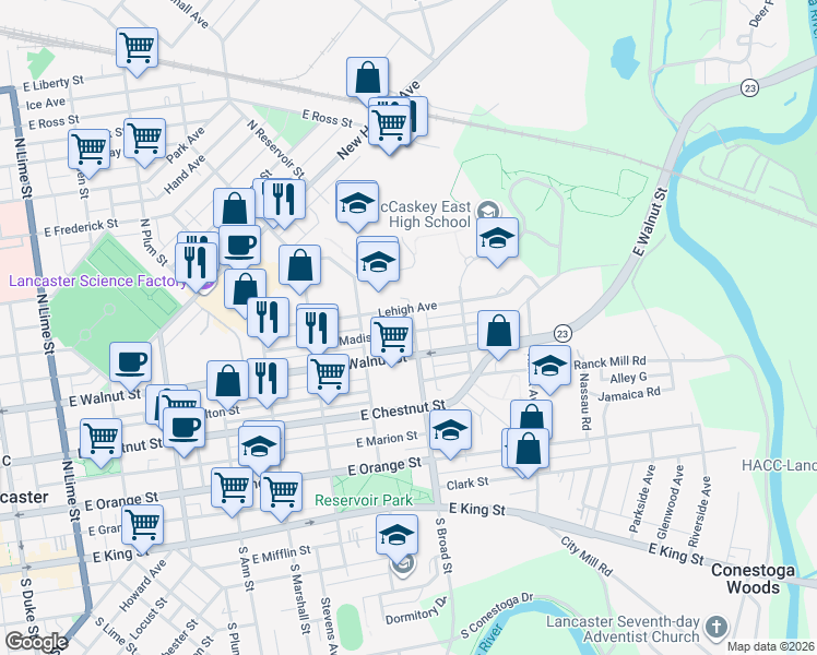 map of restaurants, bars, coffee shops, grocery stores, and more near 859 East Madison Street in Lancaster