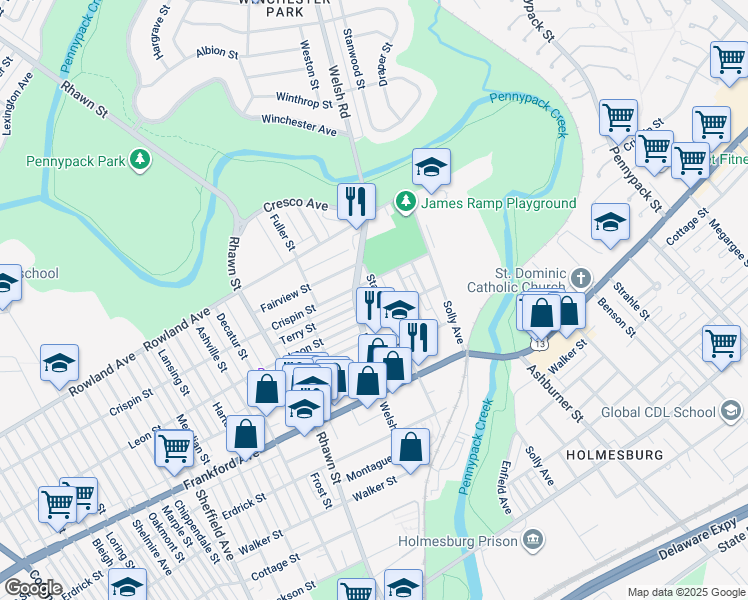 map of restaurants, bars, coffee shops, grocery stores, and more near 3420 Stanwood Street in Philadelphia