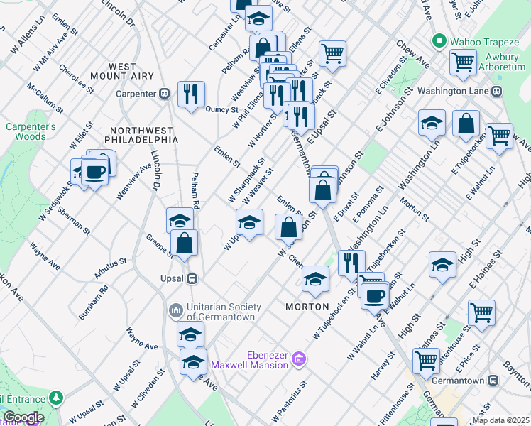 map of restaurants, bars, coffee shops, grocery stores, and more near 122 West Upsal Street in Philadelphia
