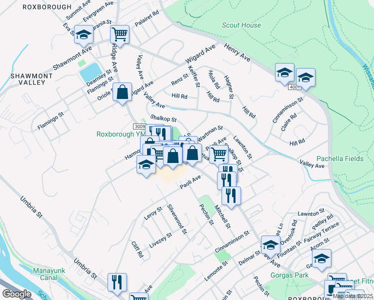 map of restaurants, bars, coffee shops, grocery stores, and more near 7122 Matthias Street in Philadelphia