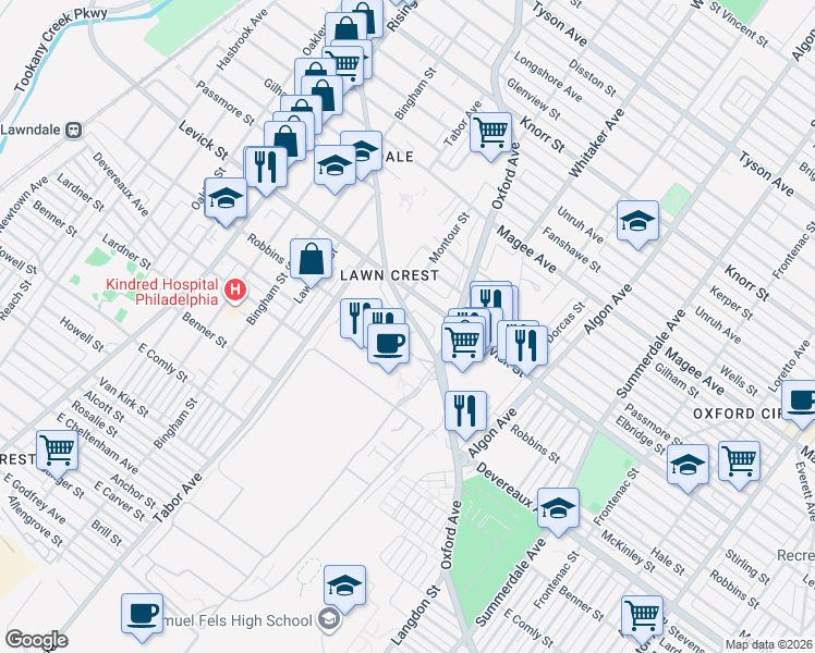 map of restaurants, bars, coffee shops, grocery stores, and more near 6344 Martins Mill Road in Philadelphia