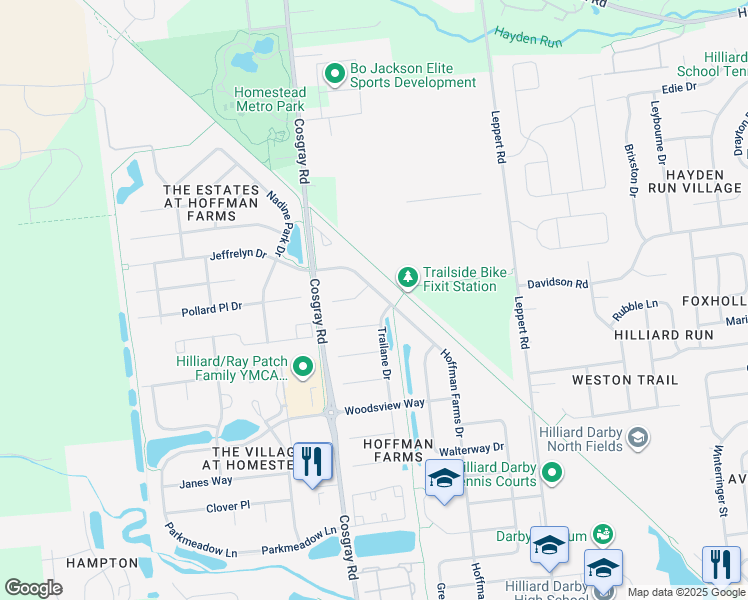 map of restaurants, bars, coffee shops, grocery stores, and more near 4653 Hoffman Farms Drive in Hilliard