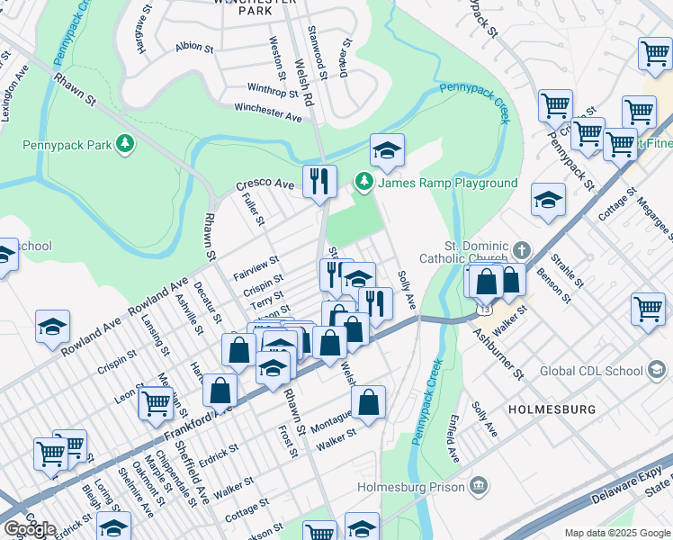 map of restaurants, bars, coffee shops, grocery stores, and more near 3420 Stanwood Street in Philadelphia
