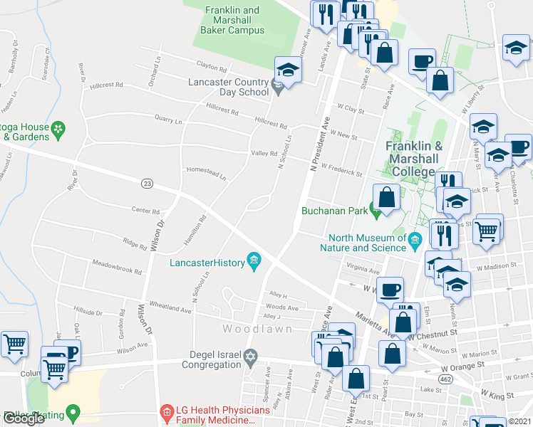 map of restaurants, bars, coffee shops, grocery stores, and more near 513 North School Lane in Lancaster