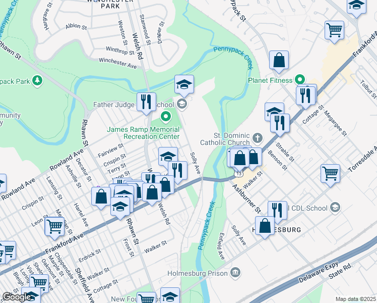 map of restaurants, bars, coffee shops, grocery stores, and more near 3510 Solly Avenue in Philadelphia
