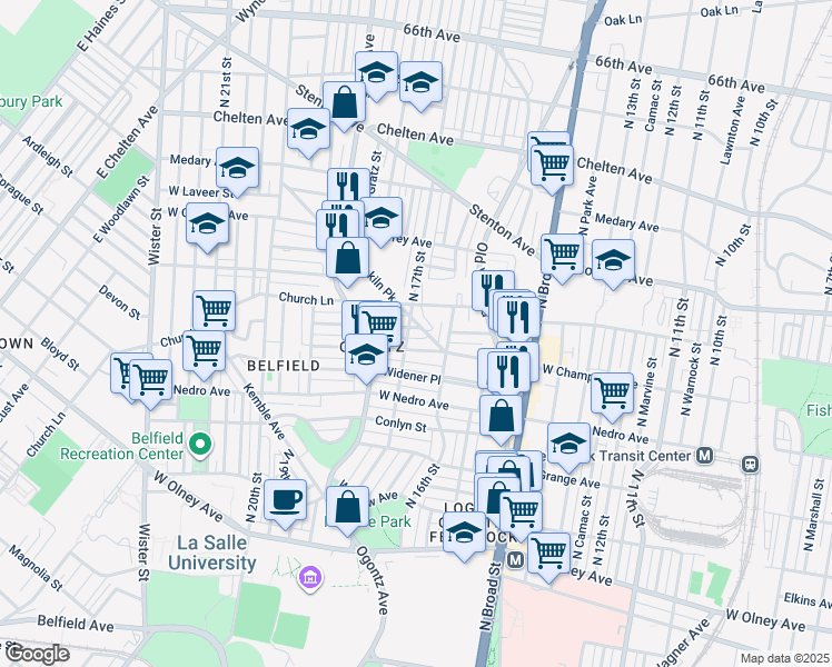map of restaurants, bars, coffee shops, grocery stores, and more near 6001 North 17th Street in Philadelphia