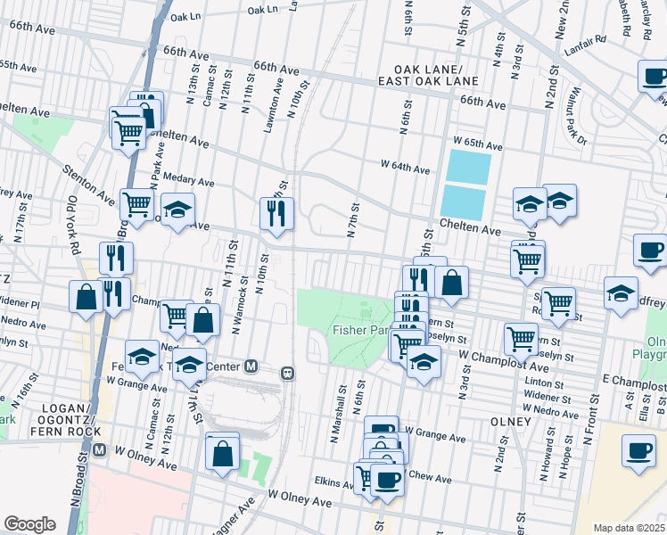 map of restaurants, bars, coffee shops, grocery stores, and more near 6135 North Franklin Street in Philadelphia