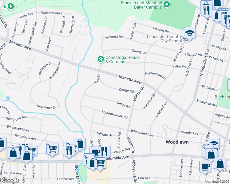 map of restaurants, bars, coffee shops, grocery stores, and more near 1418 Center Road in Lancaster
