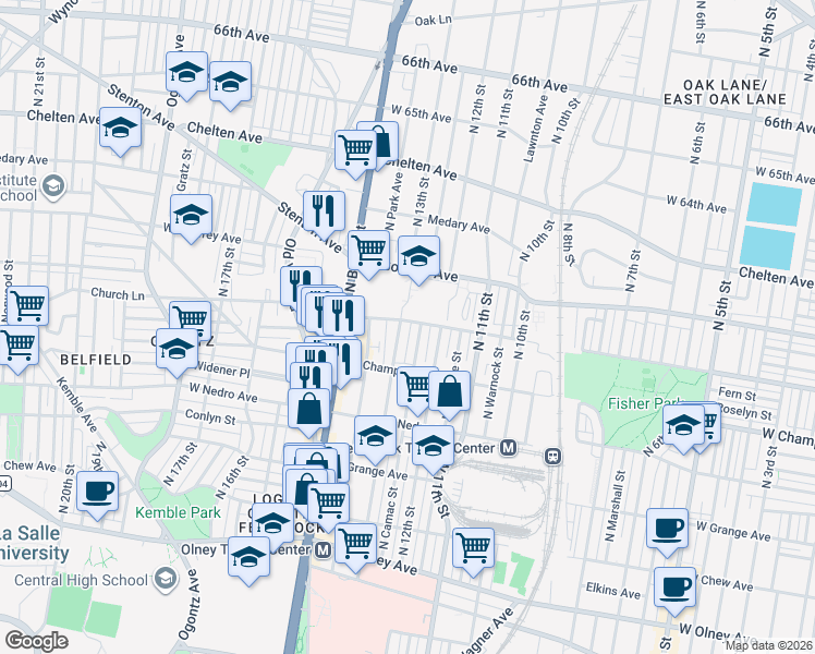 map of restaurants, bars, coffee shops, grocery stores, and more near 6045 North 13th Street in Philadelphia