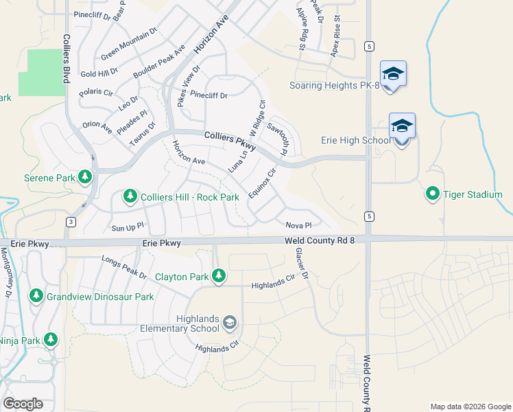 map of restaurants, bars, coffee shops, grocery stores, and more near 132 Equinox Circle in Erie