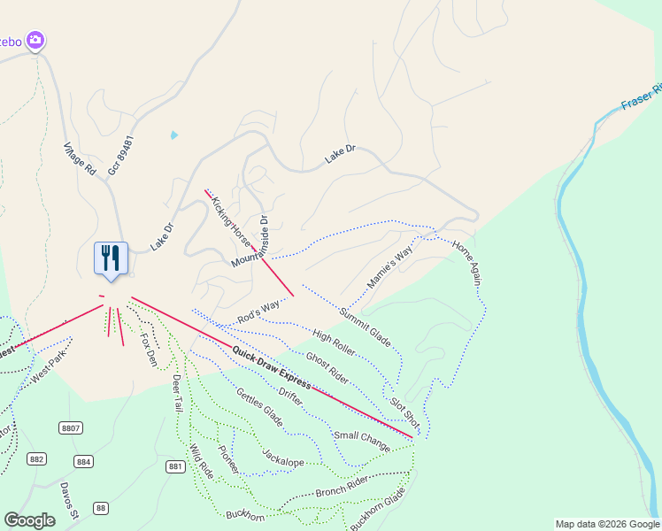 map of restaurants, bars, coffee shops, grocery stores, and more near Nimbus Dr in Granby