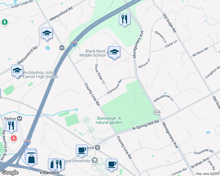 map of restaurants, bars, coffee shops, grocery stores, and more near 400 Clairemont Road in Villanova