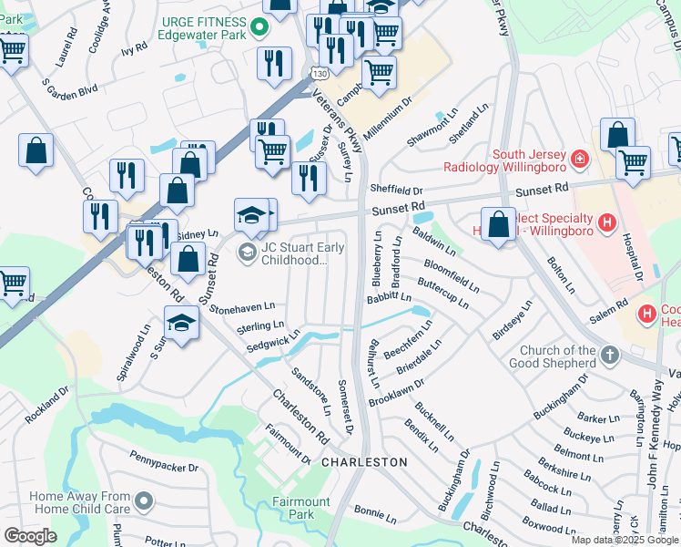map of restaurants, bars, coffee shops, grocery stores, and more near 134 Somerset Drive in Willingboro