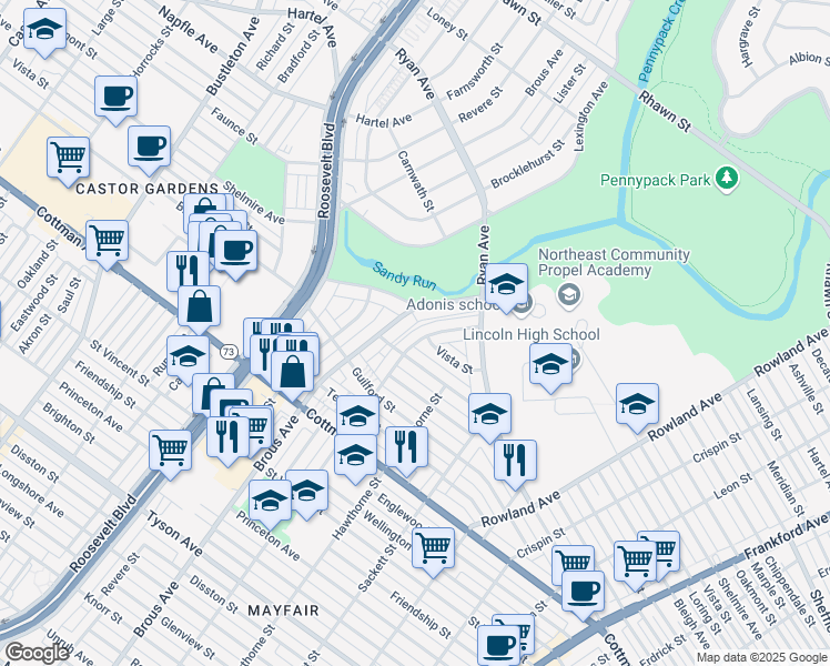 map of restaurants, bars, coffee shops, grocery stores, and more near 7516 Battersby Street in Philadelphia