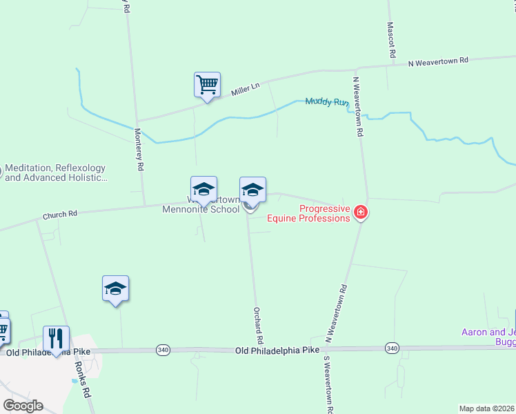 map of restaurants, bars, coffee shops, grocery stores, and more near 73 Orchard Road in Bird in Hand
