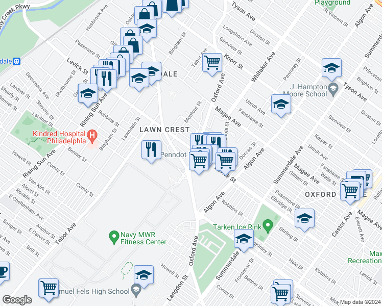 map of restaurants, bars, coffee shops, grocery stores, and more near 6391 Oxford Avenue in Philadelphia