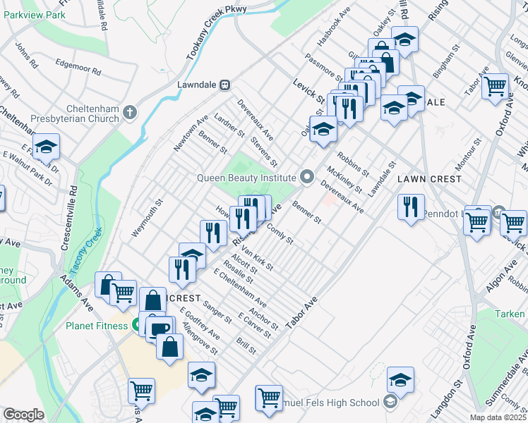 map of restaurants, bars, coffee shops, grocery stores, and more near 6000 Rising Sun Avenue in Philadelphia