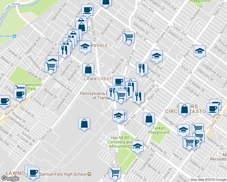 map of restaurants, bars, coffee shops, grocery stores, and more near 832 Levick Street in Philadelphia