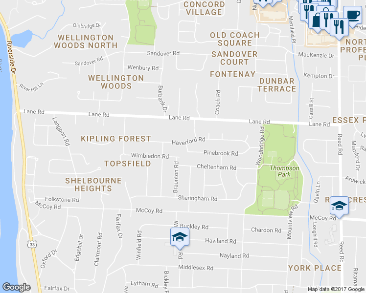 map of restaurants, bars, coffee shops, grocery stores, and more near 2349 Haverford Road in Columbus