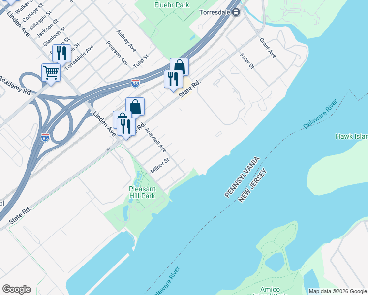 map of restaurants, bars, coffee shops, grocery stores, and more near 7000 Delaire Landing Road in Philadelphia