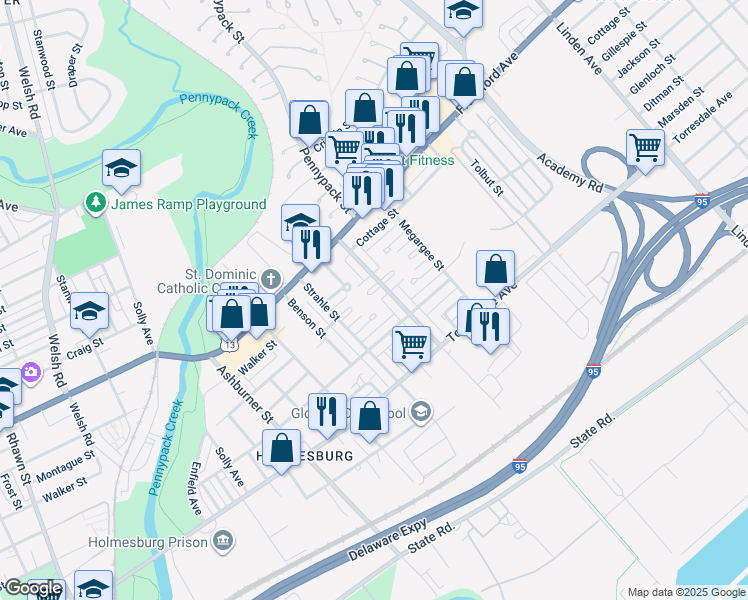 map of restaurants, bars, coffee shops, grocery stores, and more near 8649 Jackson Street in Philadelphia