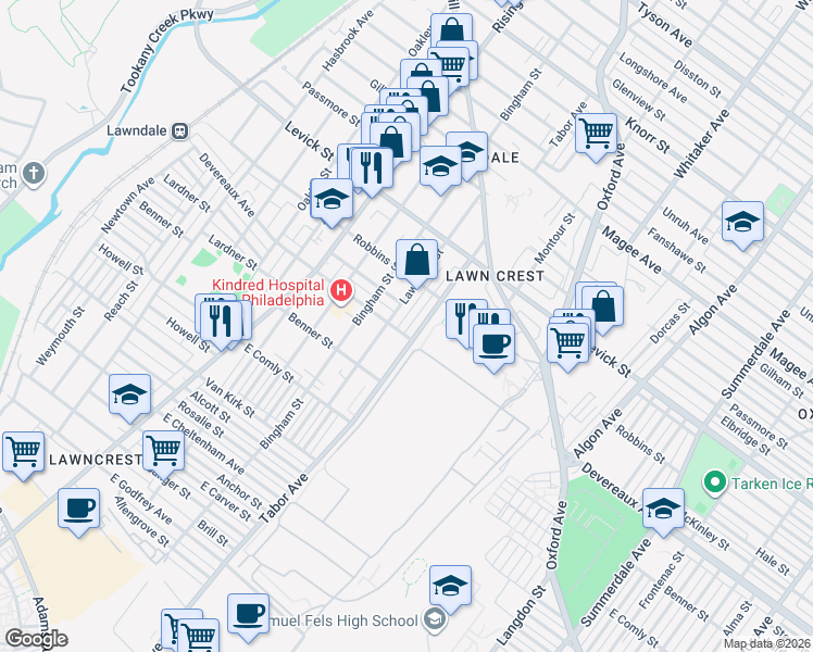 map of restaurants, bars, coffee shops, grocery stores, and more near 643 Devereaux Avenue in Philadelphia