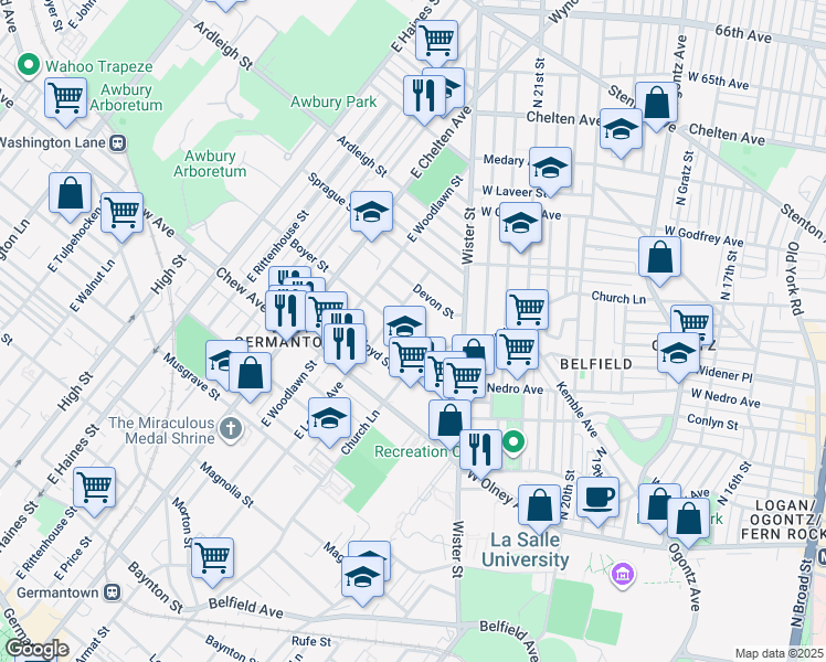 map of restaurants, bars, coffee shops, grocery stores, and more near 5523 Boyer Street in Philadelphia