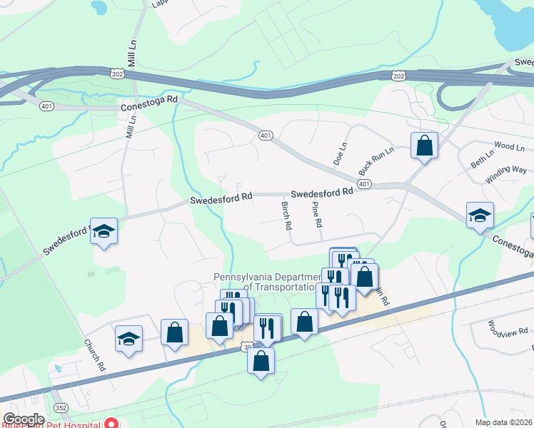 map of restaurants, bars, coffee shops, grocery stores, and more near 7 Willow Drive in Malvern