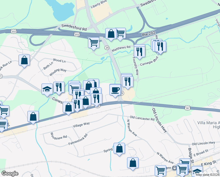 map of restaurants, bars, coffee shops, grocery stores, and more near 20 South Morehall Road in Malvern