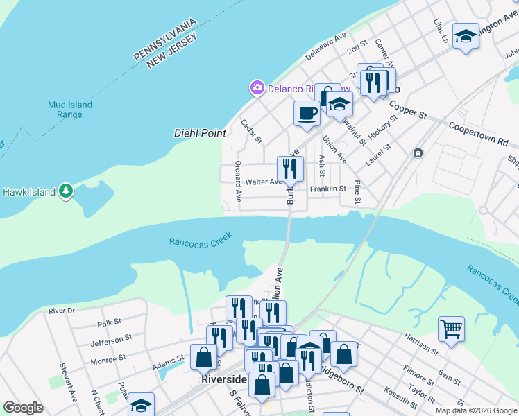 map of restaurants, bars, coffee shops, grocery stores, and more near 302 Rancocas Avenue in Delanco