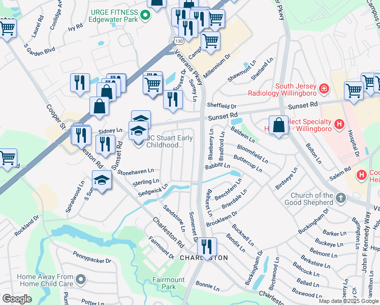 map of restaurants, bars, coffee shops, grocery stores, and more near 134 Somerset Drive in Willingboro