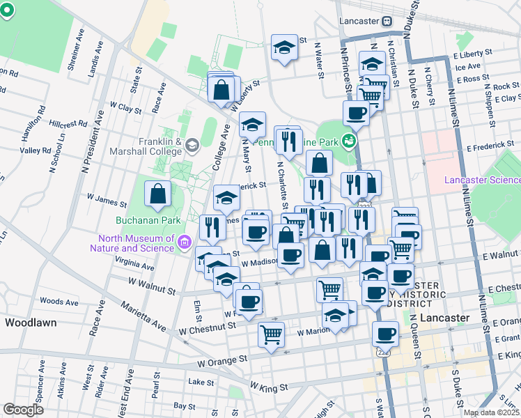 map of restaurants, bars, coffee shops, grocery stores, and more near 441 West James Street in Lancaster