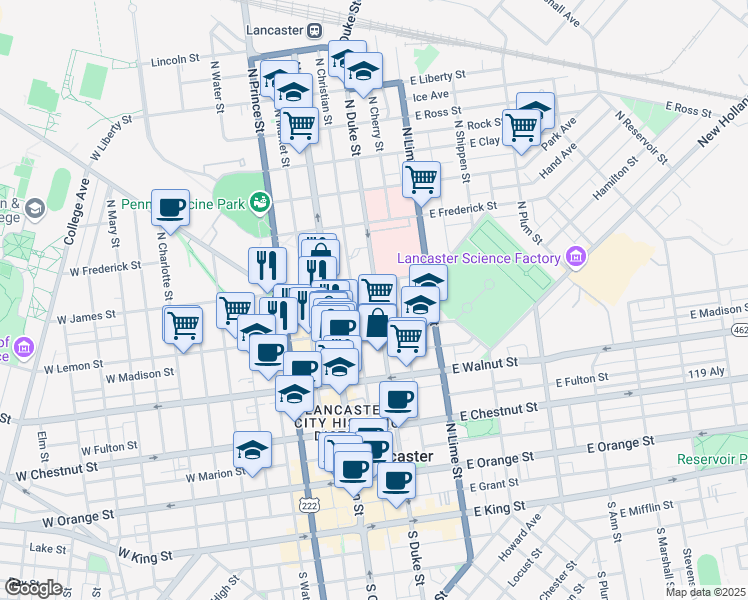 map of restaurants, bars, coffee shops, grocery stores, and more near 430 North Duke Street in Lancaster