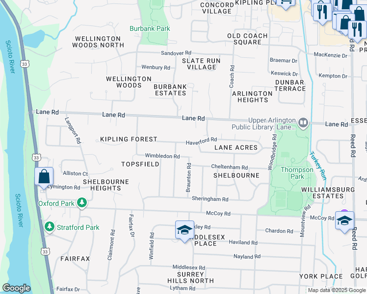 map of restaurants, bars, coffee shops, grocery stores, and more near 4440 Harborough Road in Columbus