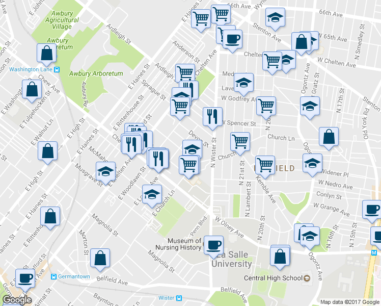 map of restaurants, bars, coffee shops, grocery stores, and more near 5523 Boyer Street in Philadelphia