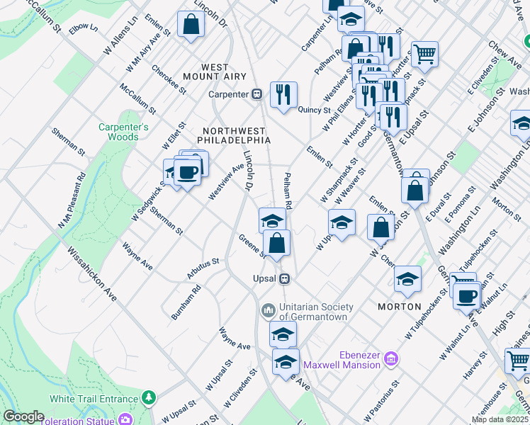 map of restaurants, bars, coffee shops, grocery stores, and more near 6635 McCallum Street in Philadelphia