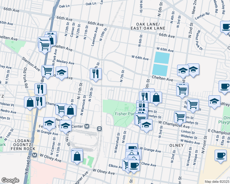 map of restaurants, bars, coffee shops, grocery stores, and more near 6135 North Franklin Street in Philadelphia