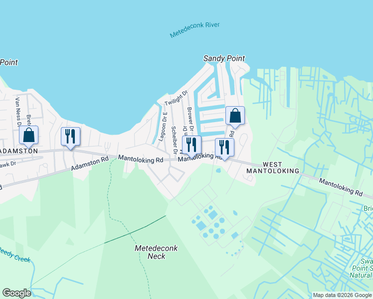 map of restaurants, bars, coffee shops, grocery stores, and more near 34 Mary Ann Drive in Brick Township