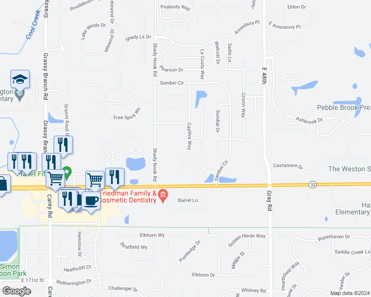 map of restaurants, bars, coffee shops, grocery stores, and more near 17768 Captiva Way in Noblesville