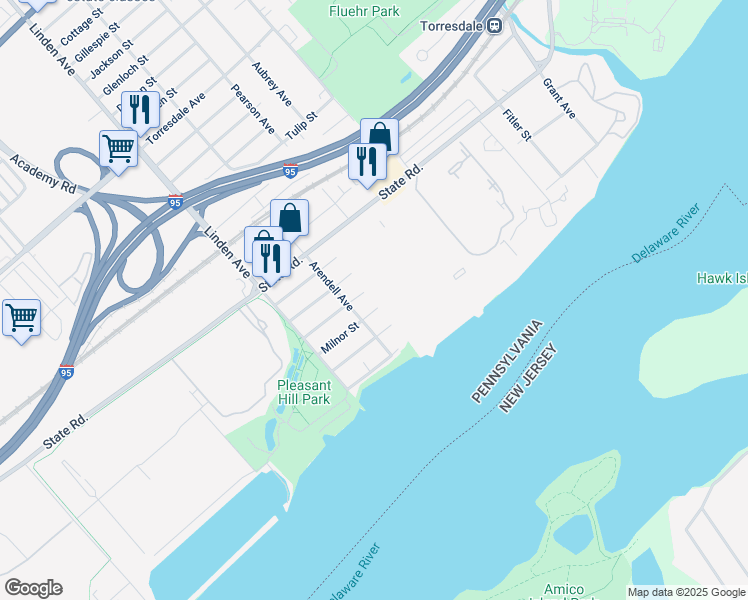 map of restaurants, bars, coffee shops, grocery stores, and more near 46303 Delaire Landing Road in Philadelphia