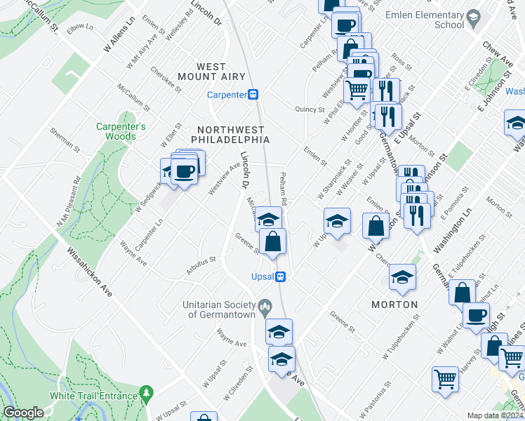 map of restaurants, bars, coffee shops, grocery stores, and more near 375 Pelham Road in Philadelphia