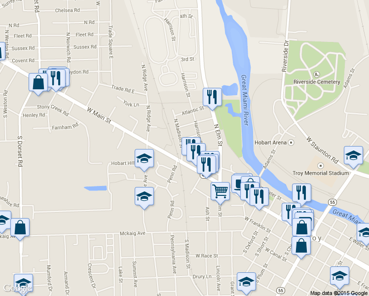 map of restaurants, bars, coffee shops, grocery stores, and more near 101 North Madison Street in Troy