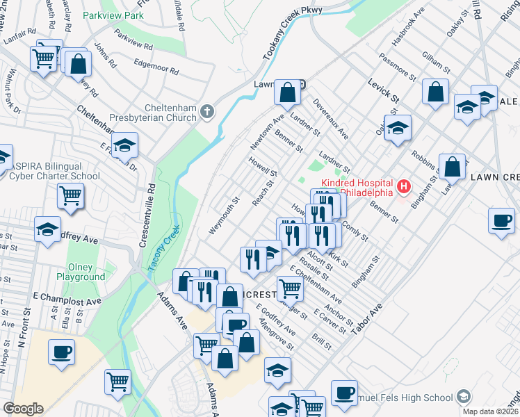 map of restaurants, bars, coffee shops, grocery stores, and more near 5826 Reach Street in Philadelphia