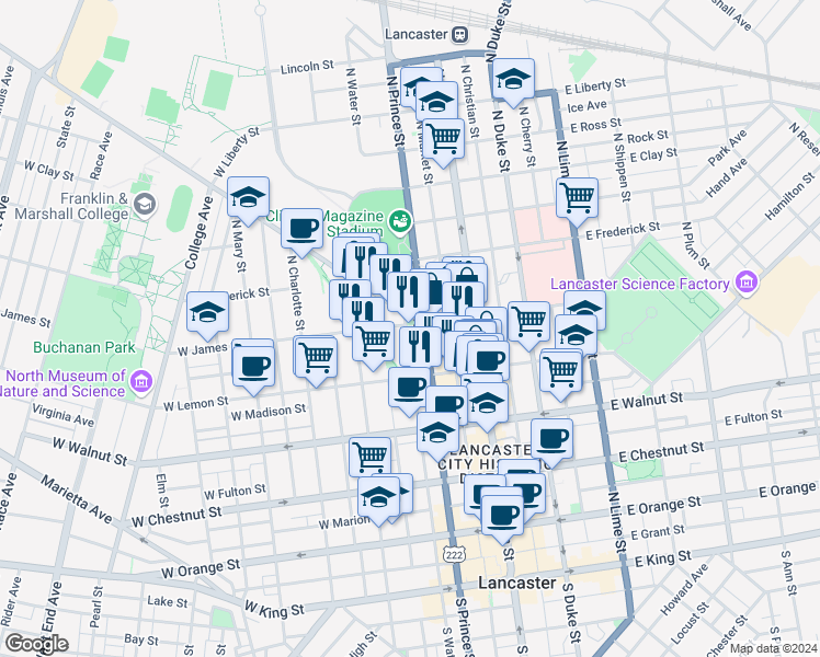 map of restaurants, bars, coffee shops, grocery stores, and more near 114 West James Street in Lancaster