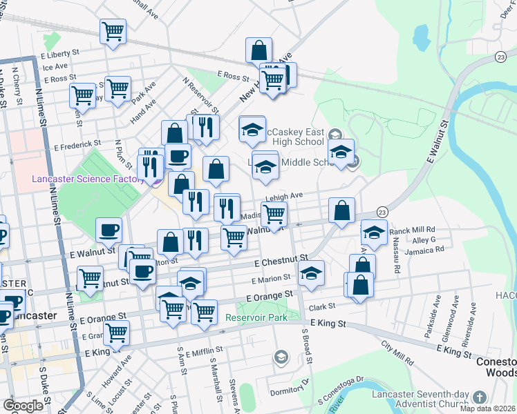 map of restaurants, bars, coffee shops, grocery stores, and more near 339 North Reservoir Street in Lancaster