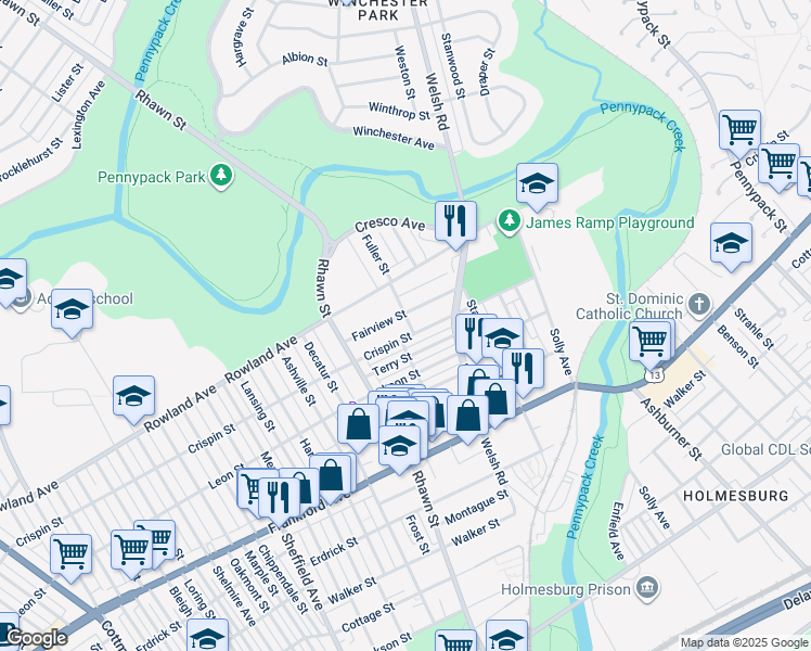 map of restaurants, bars, coffee shops, grocery stores, and more near 8038 Crispin St in Philadelphia