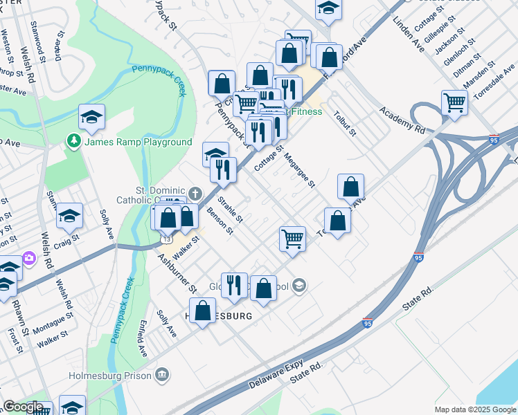map of restaurants, bars, coffee shops, grocery stores, and more near 8638 Jackson Street in Philadelphia