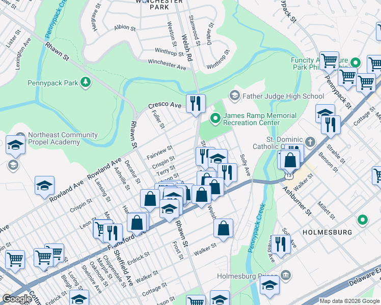 map of restaurants, bars, coffee shops, grocery stores, and more near 8139 Crispin Street in Philadelphia