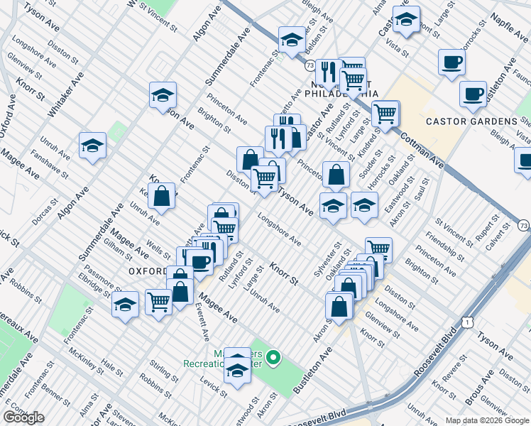 map of restaurants, bars, coffee shops, grocery stores, and more near 1517 Longshore Avenue in Philadelphia