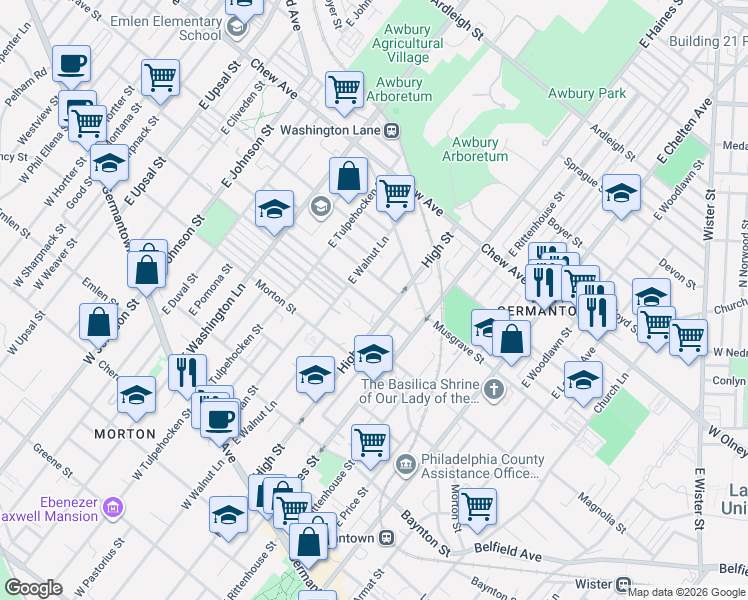 map of restaurants, bars, coffee shops, grocery stores, and more near 6029 Magnolia Street in Philadelphia